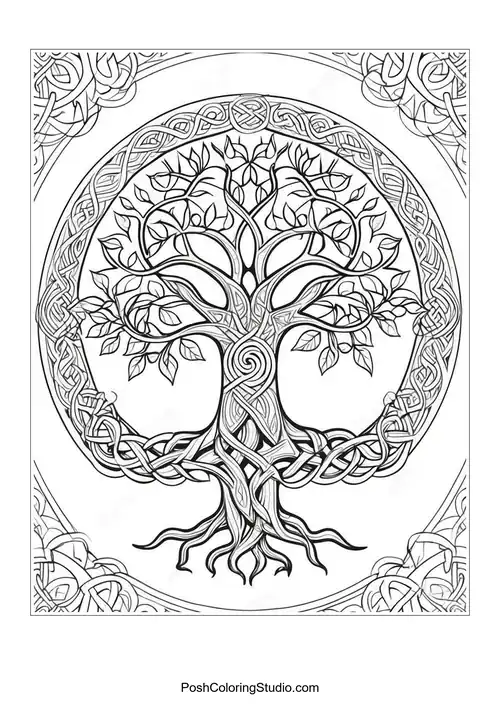 A tree with a Celtic knot design and decorative border.