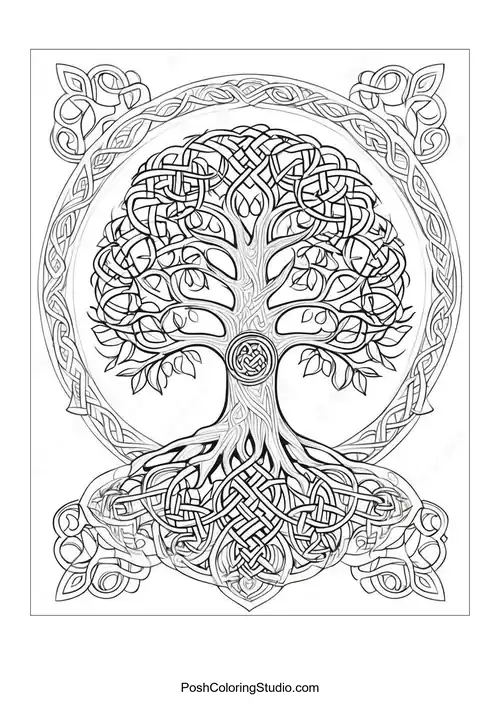 A tree with a complex knot design and roots.