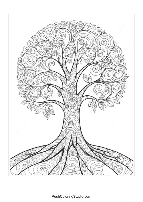 A swirling tree design with intricate patterns.