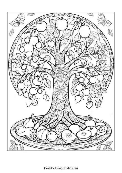 A tree with numerous fruits and a decorative border.