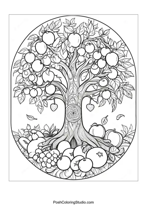 A large tree with a hollow trunk and surrounding landscape.