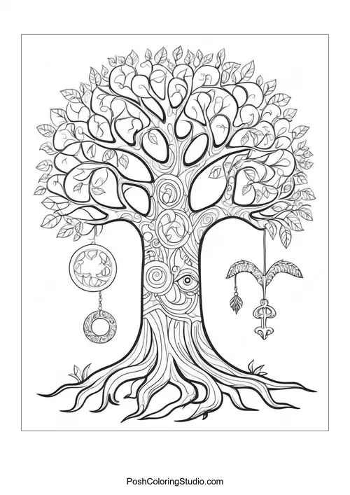 A tree with hanging ornaments and intricate patterns.