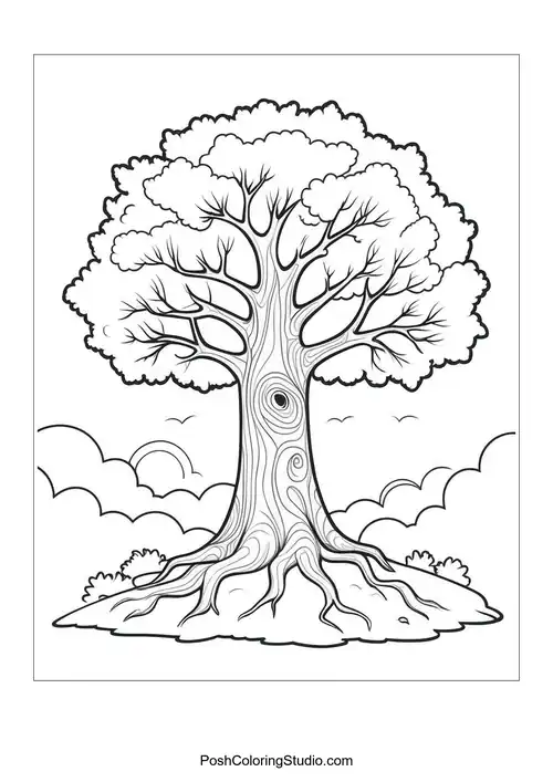 A large tree with a textured trunk and clouds above.