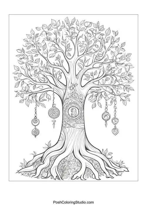 A large tree with hanging ornaments and intricate roots.
