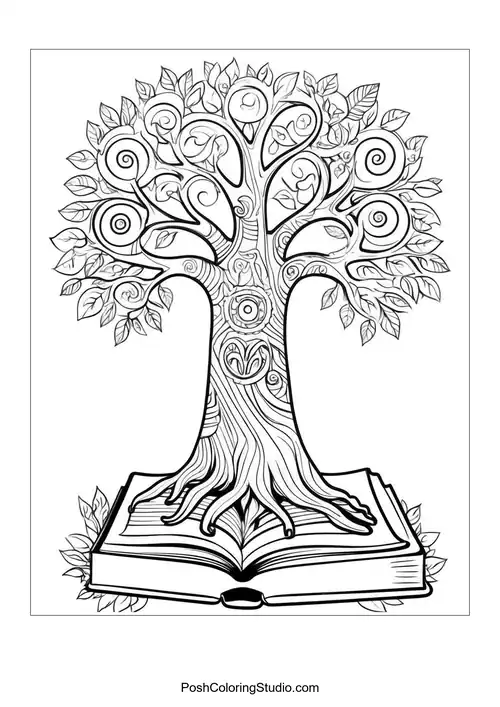 A tree with an open book at its base and intricate designs.