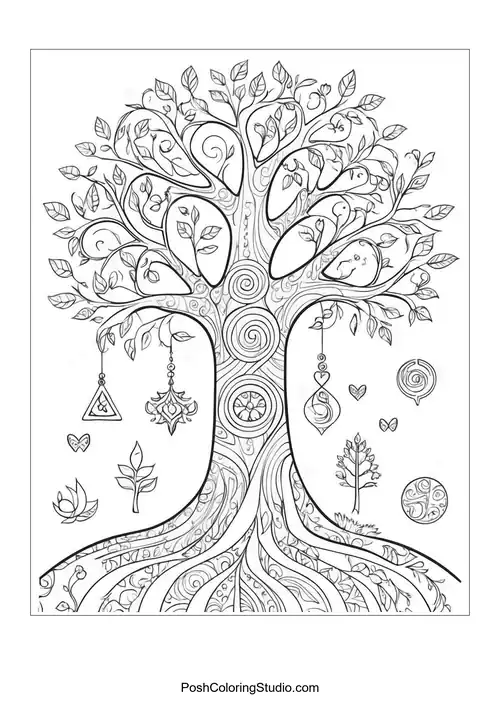 A tree with hanging ornaments and intricate patterns.
