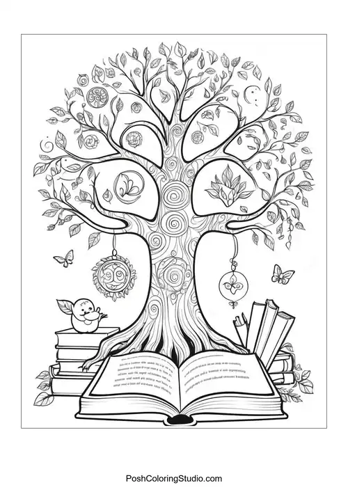 A tree with books at its base and detailed branches.