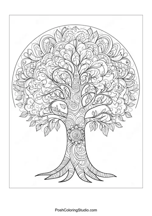 A large tree with intricate patterns and a circular design.