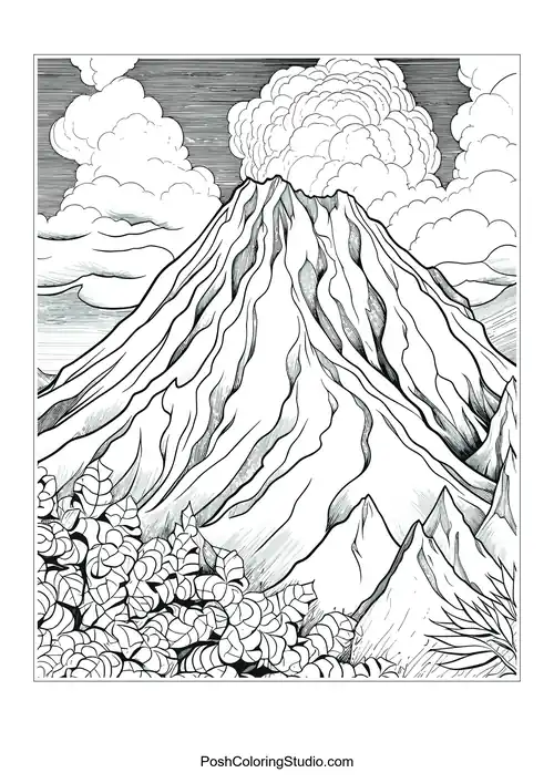 A volcano with smoke and a detailed landscape surrounding it.