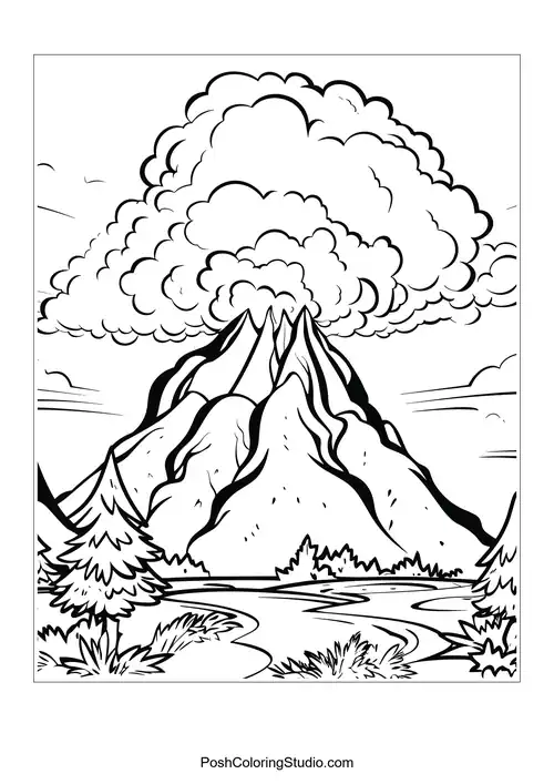 A volcano erupting with clouds and a river in the foreground.
