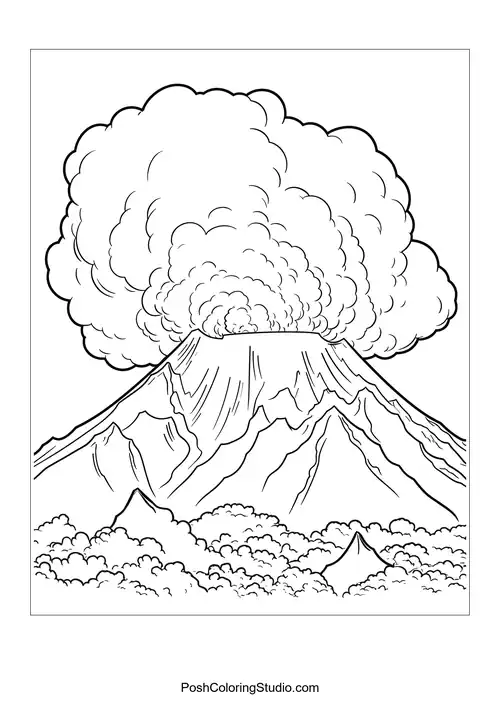 A volcano with smoke and a detailed background.