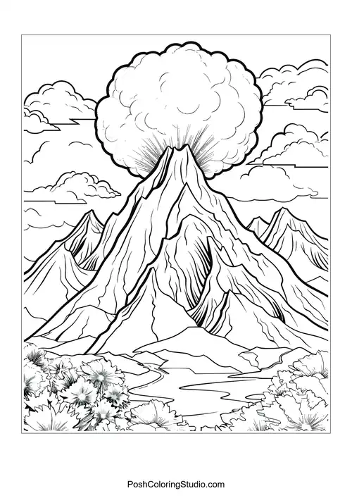 A volcano erupting with clouds and a river flowing nearby.