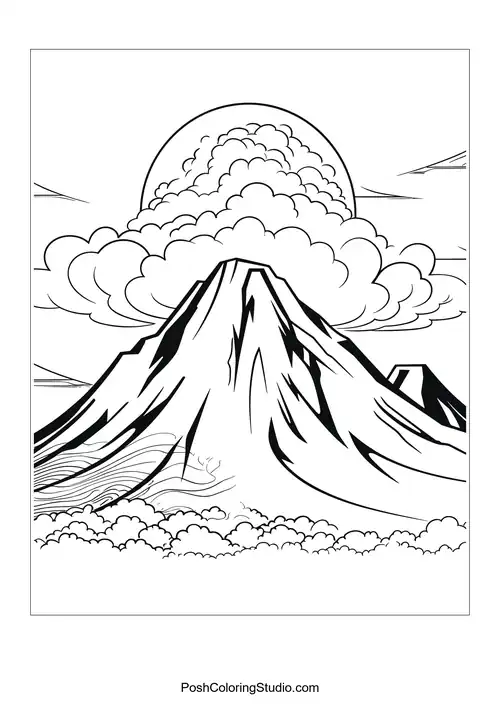 A volcano with smoke and a detailed landscape surrounding it.