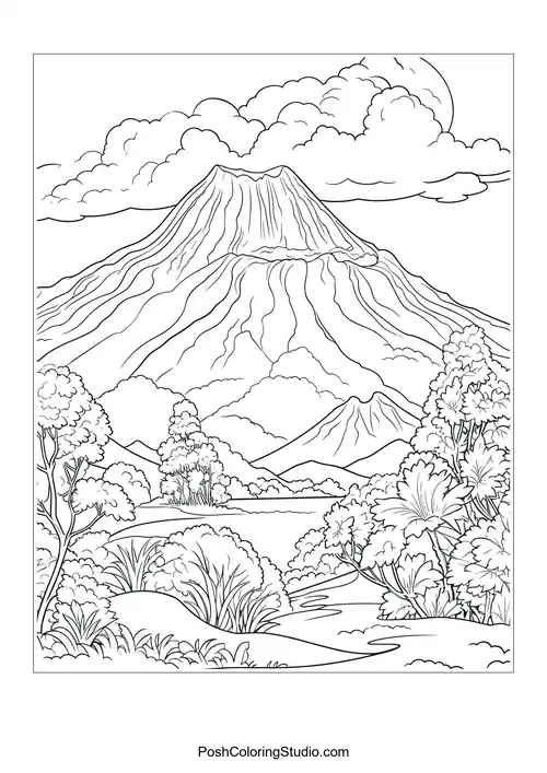 A volcano erupting with clouds and a river in the foreground.