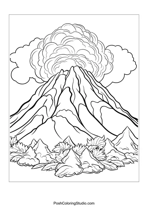 A volcano with smoke and a detailed background.