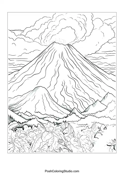 A volcano erupting with clouds and a river flowing nearby.