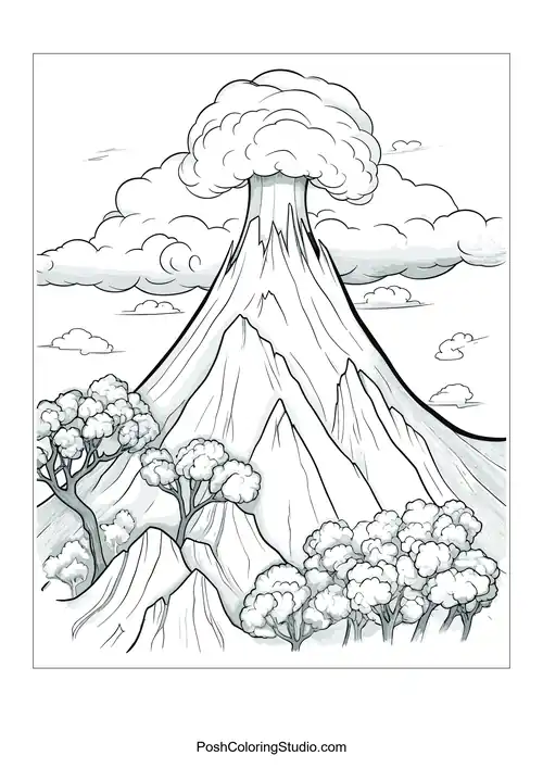 A volcano with smoke and a detailed landscape surrounding it.