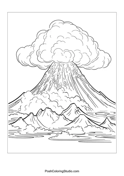 A volcano erupting with clouds and a river in the foreground.