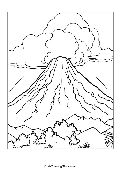 A volcano with smoke rising and a landscape below.