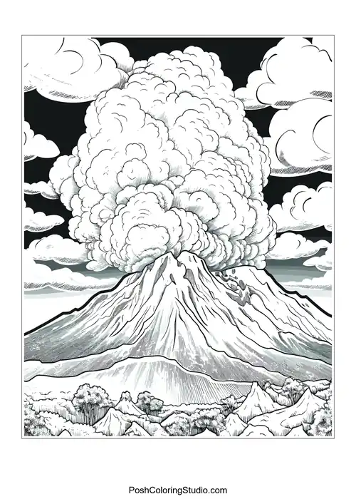 A volcano with smoke and a detailed background.