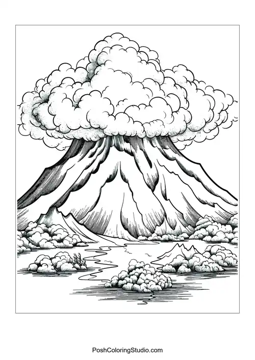 A volcano erupting with clouds and a river flowing nearby.