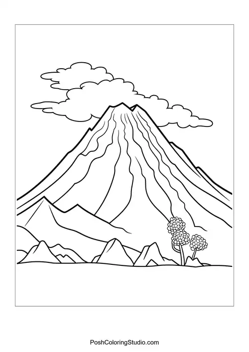 A volcano with smoke and a detailed landscape surrounding it.