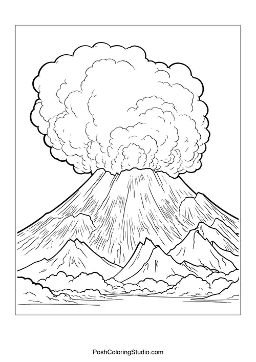 A volcano erupting with clouds and a river in the foreground.