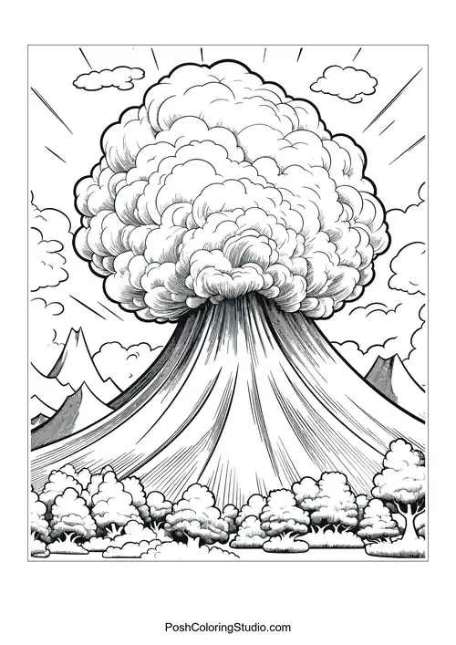 A volcano with smoke and a detailed background.