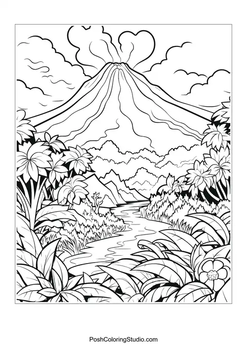 A volcano erupting with clouds and a river flowing nearby.