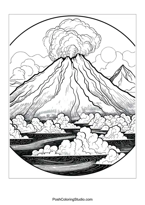 A volcano with smoke and a detailed landscape surrounding it.