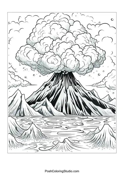 A volcano erupting with clouds and a river in the foreground.