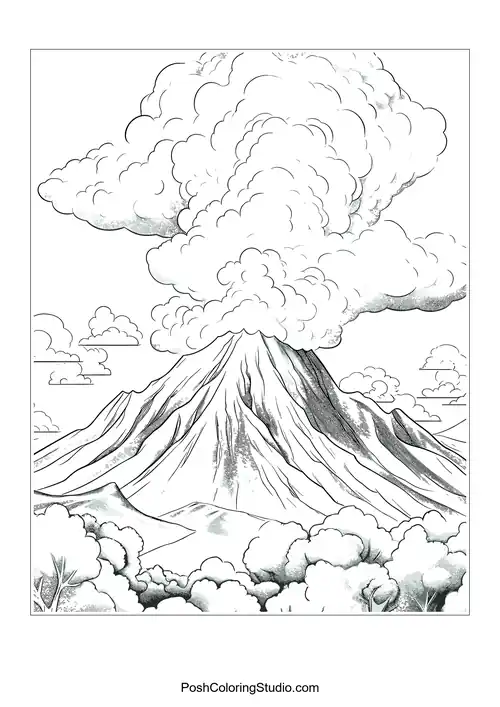 A volcano with smoke and a detailed background.