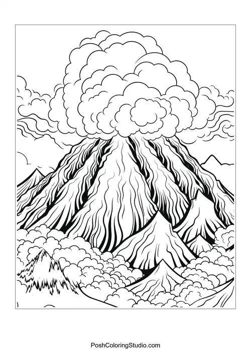 A volcano erupting with clouds and a river flowing nearby.