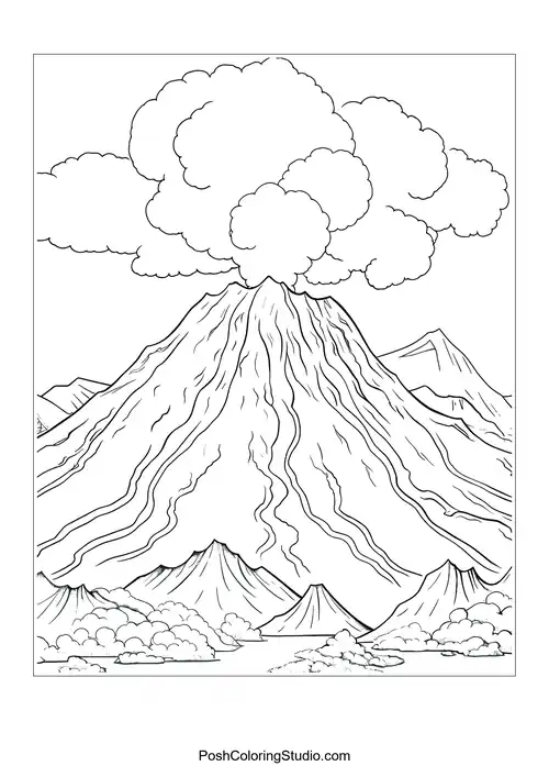 A volcano erupting with clouds and a mountainous background.