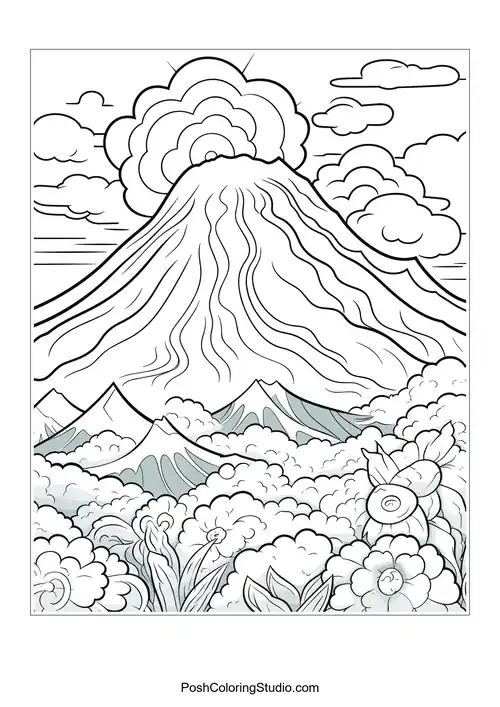 A volcano with smoke and a detailed landscape surrounding it.