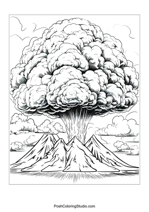 A volcano erupts with a large cloud of smoke and ash.