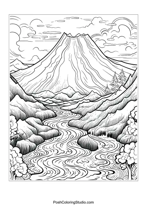 A serene landscape with a volcano and flowing river.