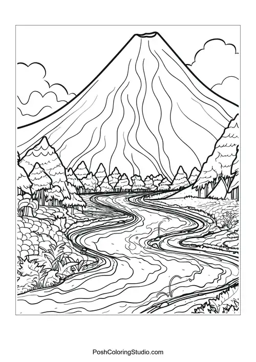 A volcano surrounded by trees and a winding river.