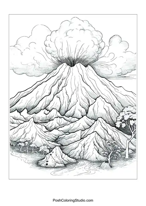 A volcano with smoke billowing from its peak.