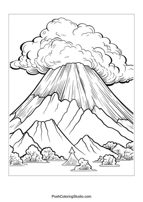 A volcano with a large cloud hovering above it.