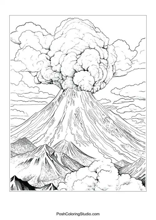 A volcano erupting with rays of light and clouds.