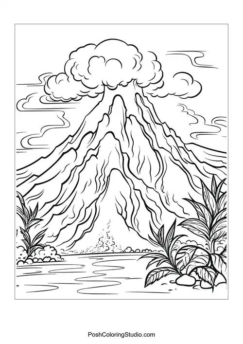 A volcano with distinct ridges and a flowing river.