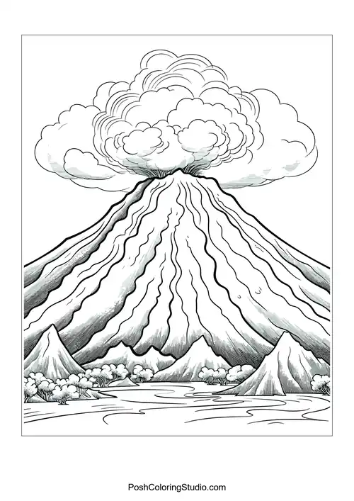 A volcano with clouds and mountains in the background.