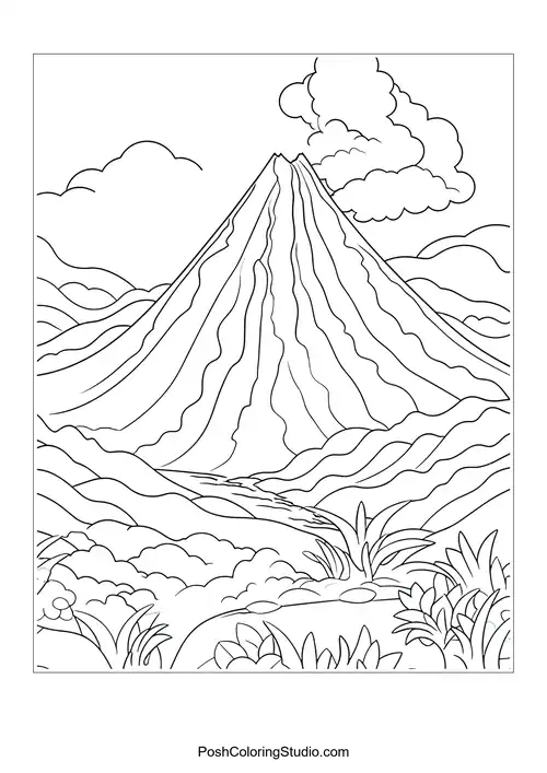A volcano with smoke and a river flowing nearby.