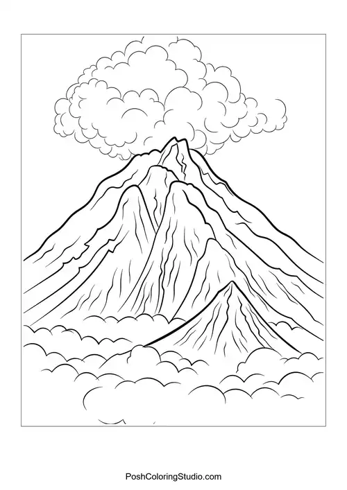 A volcano with multiple peaks and clouds above.