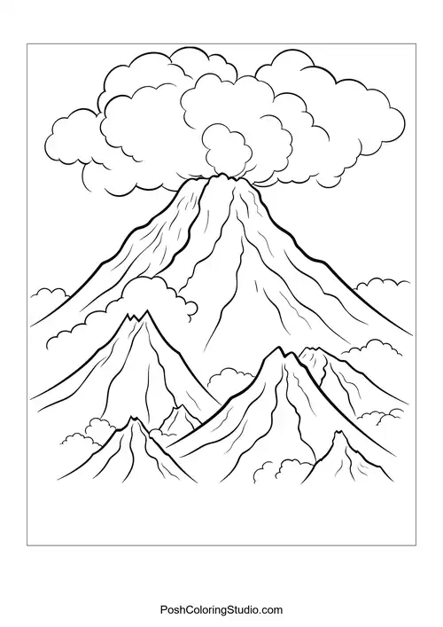 A volcano with smoke rising and mountains in the distance.