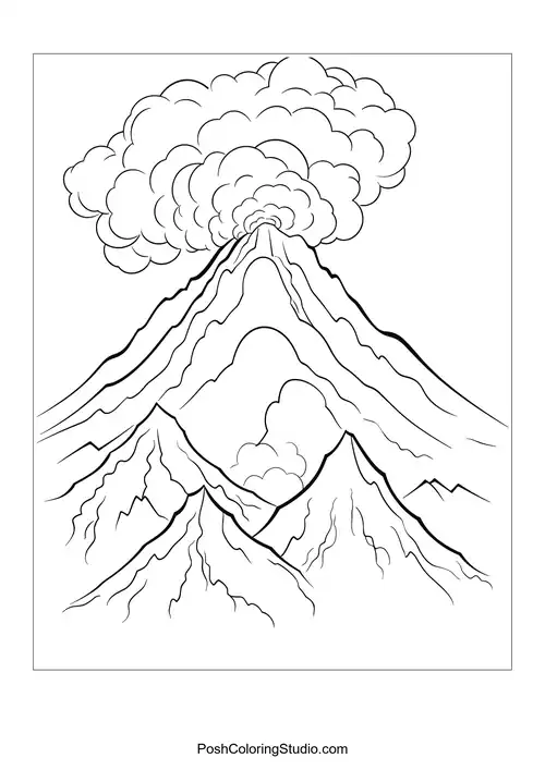 A volcano with a plume of smoke and clouds.