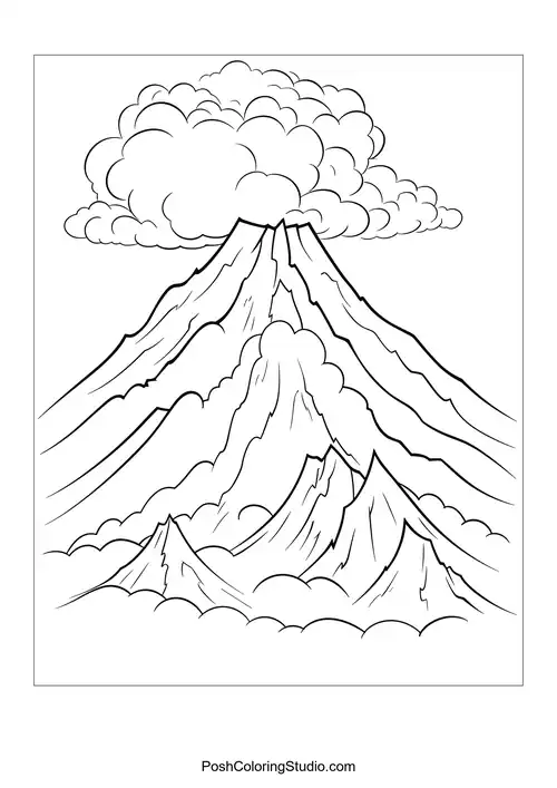 A volcano with a large cloud and rocky terrain.