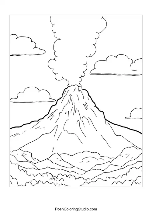 A volcano erupting with smoke and clouds surrounding it.