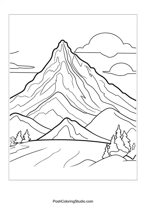 A volcano with a large cloud and surrounding mountains.
